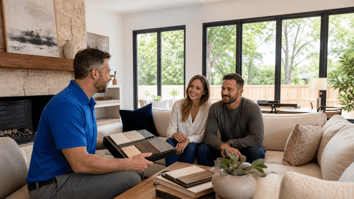 A design consultant discussing options with homeowners in their living room